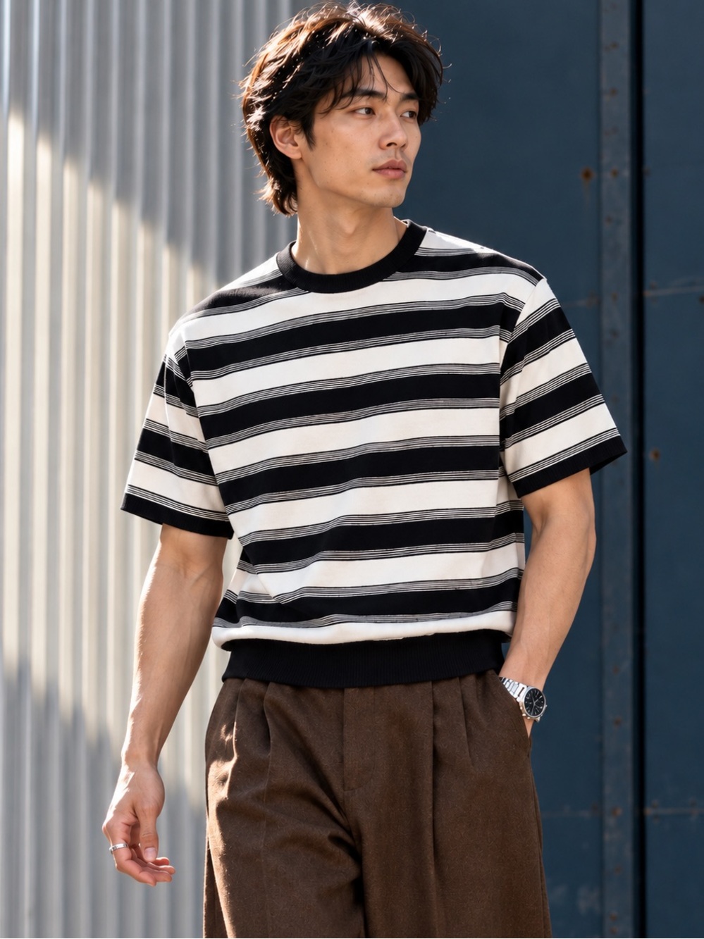 Revo Japan Black Ivory Striped Short Sleeve Sweatshirt Tee Size 2